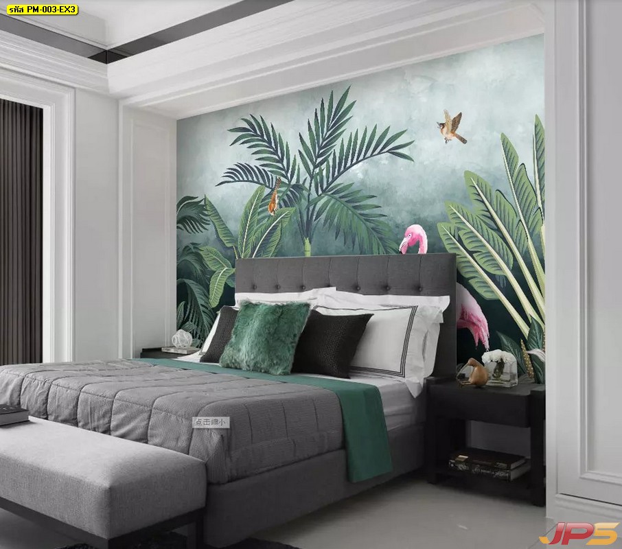 Wallpaper ลาย tropical นกฟลามิงโก้ในป่าดงดิบ สีชมพู ติดผนังห้องนอน แบบที่ 3-EX3