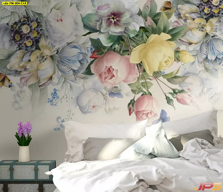 ภาพวอลเปเปอร์ดอกไม้ ลายดอกไม้หลากสี3D ติดผนังห้องนอน  แบบที่ 4-EX4