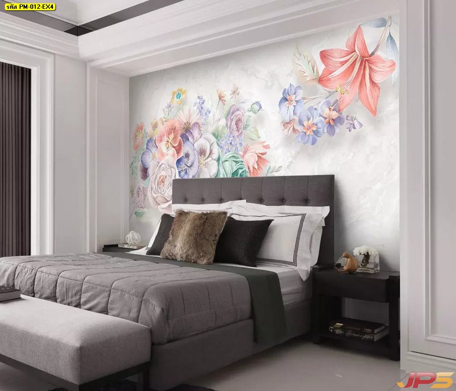 พิมพ์วอลเปเปอร์ ลายภาพวาดดอกไม้หลายสี3มิติ ติดผนังห้องนอน แบบที่ 12-EX4